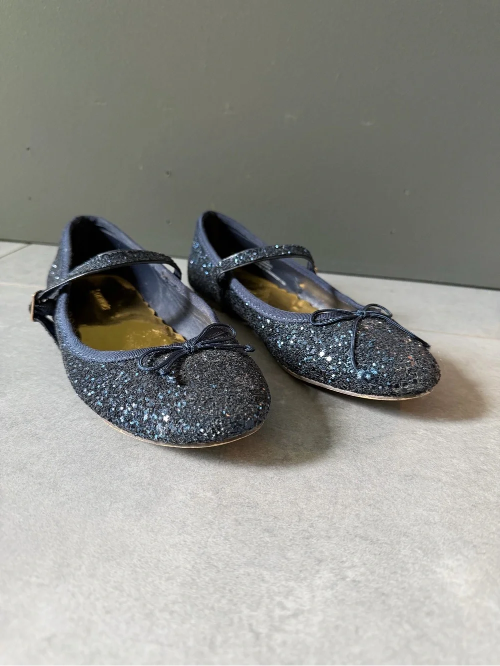 Crew Cuts J Crew Girls Navy Glitter Sparkle Mary Jane Buckle Flats with Bow 4